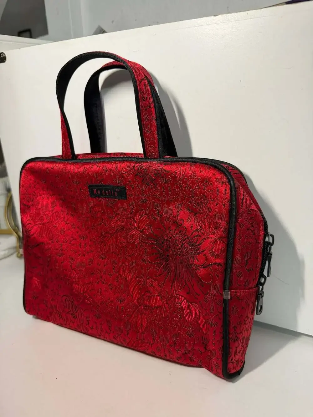 Modella Red Floral Brocade Cosmetic Makeup Bag Set